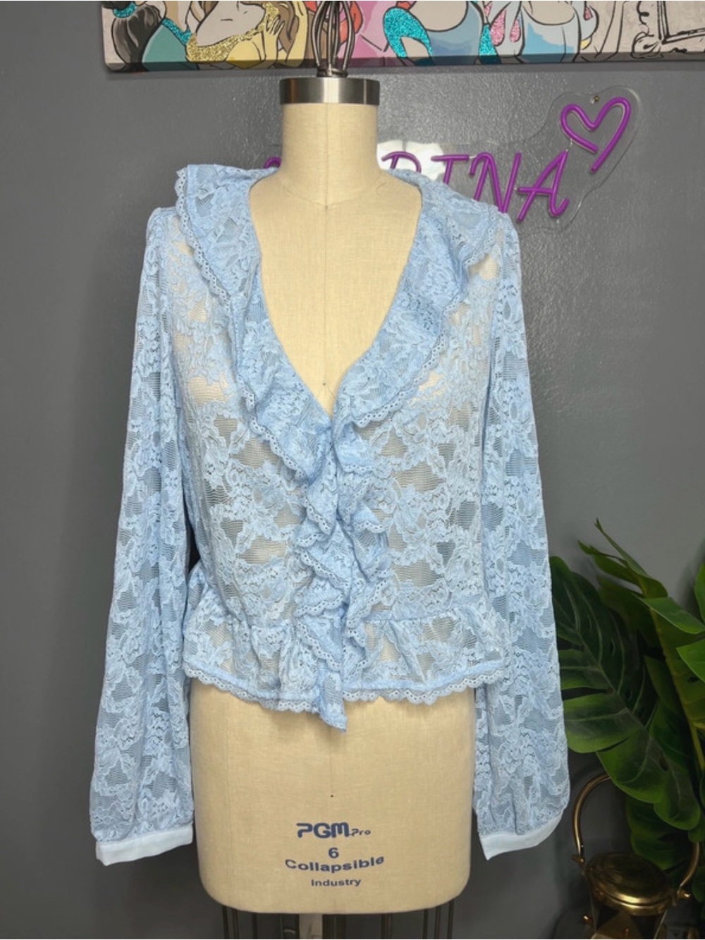 Blue Lace Ruffle-Front Women's Blouse